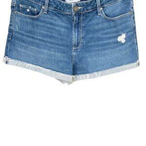 PAIGE Blue Jean Shorts with Distressed Details and Rolled Cuffs